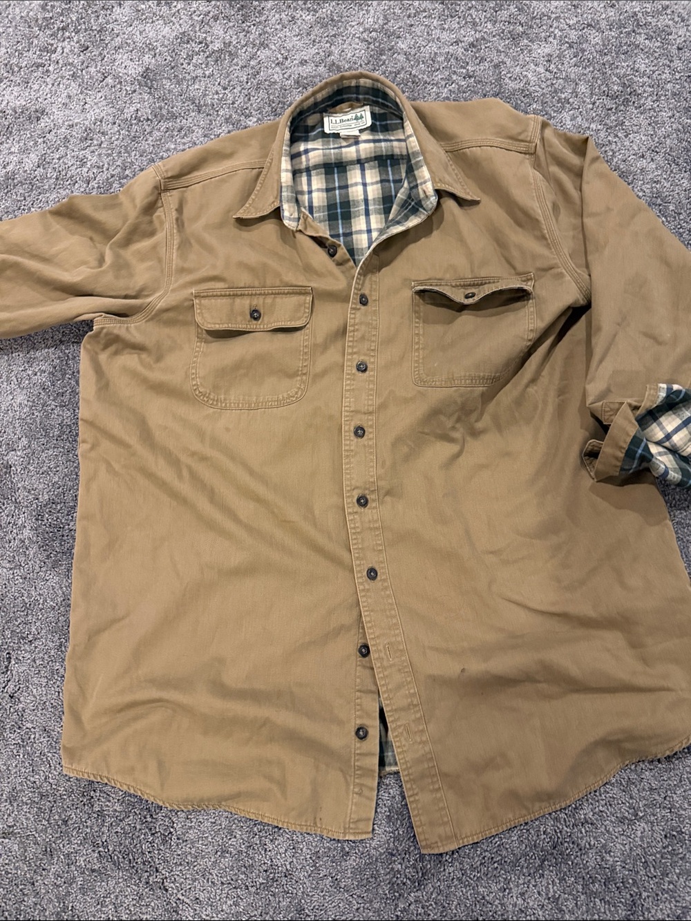 L.L. Bean Men's Tan Button-Down Shirt with Plaid Lining